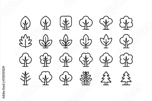 Tree and leaf vector icons set in minimalist line art style for eco and nature design