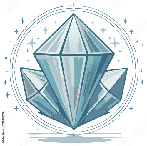Graphic Crystal Gemstones with Starbursts and Circular Outline Illustration
