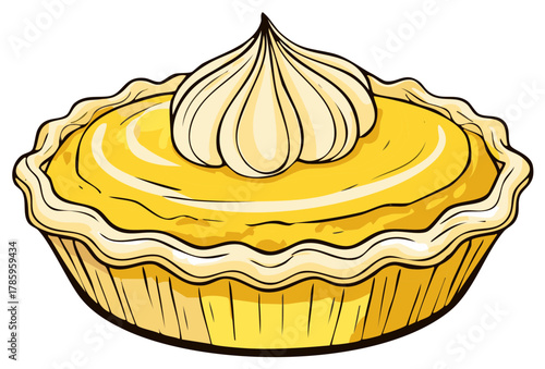 A vibrant illustration of a whole lemon pie with a creamy meringue topping