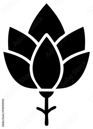 Simple black lotus flower silhouette icon. Minimalist vector graphic of a stylized water lily blossom.