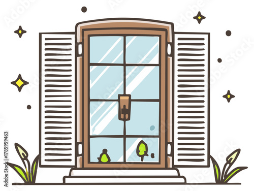 Charming hand drawn illustration of a sparkling window with open shutters