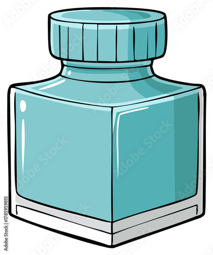 Blue glass bottle with a ribbed cap and liquid inside depicted in a simple cartoon style