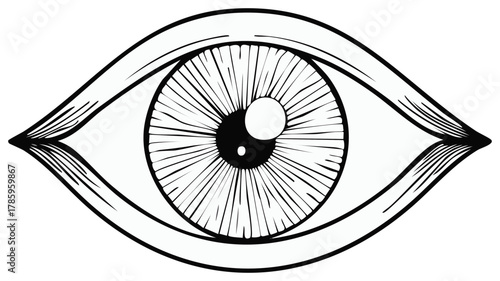 Intricate black and white stylized illustration of an open human eye