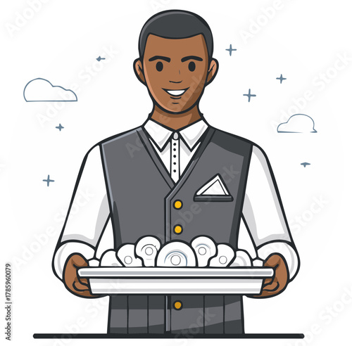 Cheerful man carries full tray. Elegant dark skinned waiter holding plate of clean dishes. Profession
