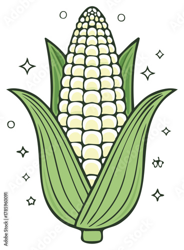 Stylized illustration of a fresh white corn cob with green husks and sparkling accents