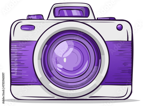Stylized Retro Purple Camera with Large Lens and Sketchy Lines