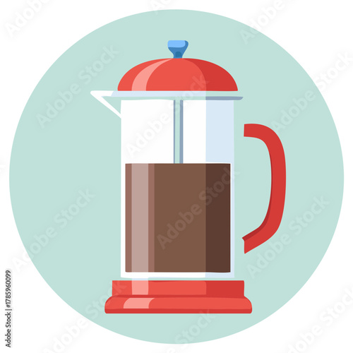 Red French press coffee maker icon with hot brewed coffee inside a glass pot vector illustration