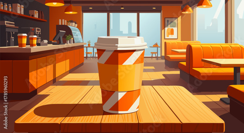 A Cozy Coffee Shop Scene Featuring an Orange and White Striped Disposable Cup on a Wooden Table