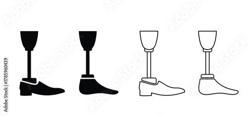 Prosthesis leg. Cartoon disability, artificial prosthetic legs. Artificial leg for comfortable living. Human leg prostheses set. prosthetics concept. Amputees with a leg prosthesis. Bionic legs icon.