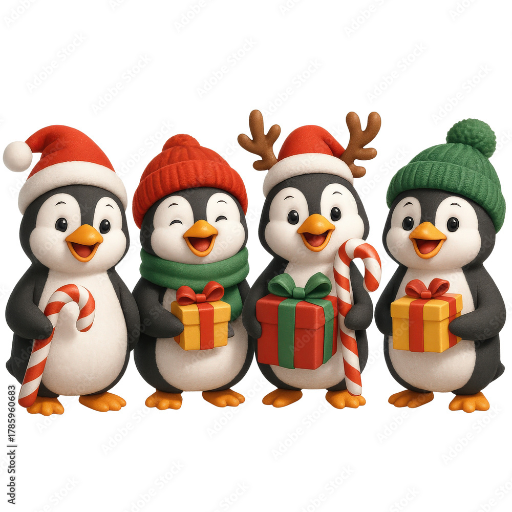Fototapeta premium funny christmas squad concept. Festive penguins wearing hats and holding gifts.