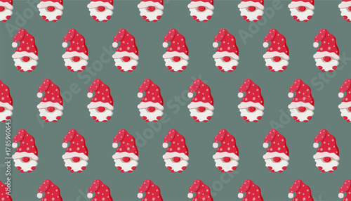 Seamless pattern of cartoon gnome faces with red Santa hats, white beards, and mittens on muted green background. Festive and whimsical design perfect for holiday textiles or wrapping paper