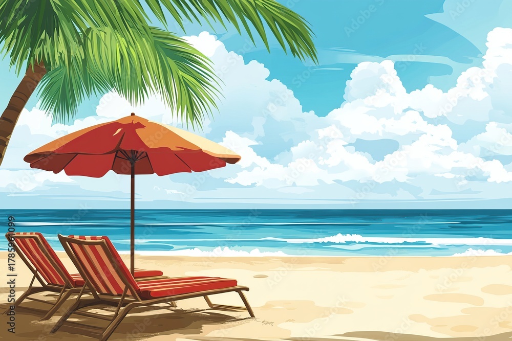 Obraz premium Enjoy the summer vibes on a beach with lounge chairs and vibrant palm trees