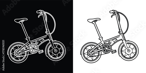 Detailed line art illustration of a folding bicycle, shown in both black on white and white on black