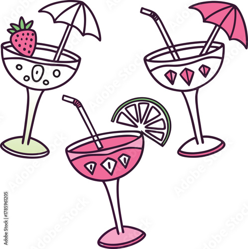 Colorful set of tropical alcoholic drinks and cocktails in different glasses with fruit, lemon, ice, and lime illustration vector for party or summer bar beverage design