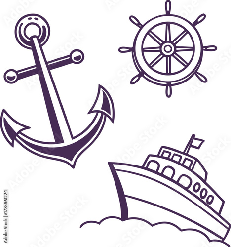 Nautical vector set of an iron anchor, ship, sailboat, and other marine sailing icons for ocean travel design