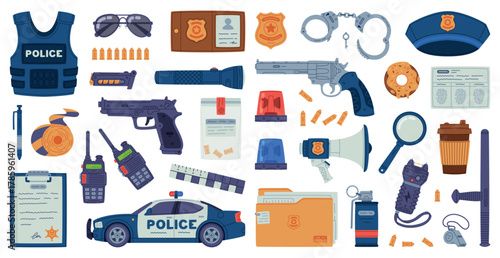Police Equipment and Professional Policeman Object Vector Set
