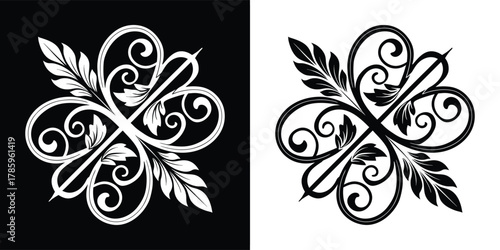 Intricate baroque floral motif with swirling tendrils and leaves, vintage decorative element, isolated on white background