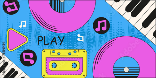 Modern retro Music banner design. Vector illustration colored vinyl record audio tape piano keys and notes. Abstract Music background. EPS 10