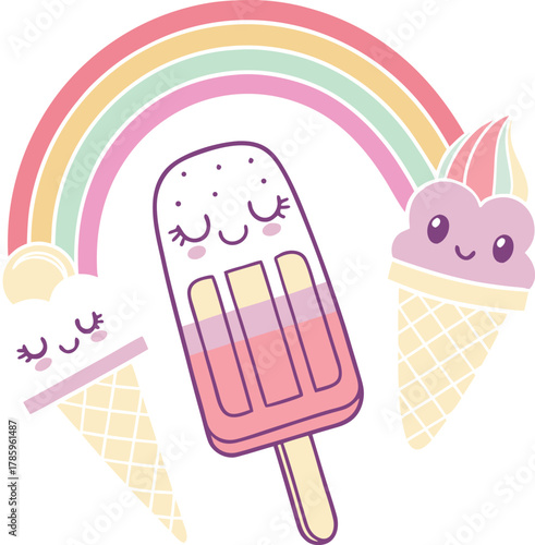 Delicious set of frozen summer ice cream cones with chocolate, strawberry, and vanilla flavors