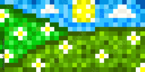Pixel Summer background. Vector illustration of trendy Pixel Art style Summer background with green valley flowers and blue sky. Perfect Summer web retro banner wall decor. EPS 10