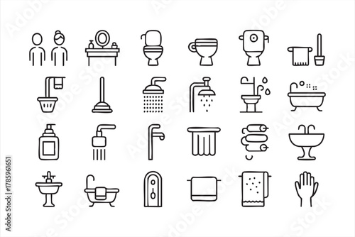 Minimalist bathroom icon set featuring toilet, bathtub, and shower elements