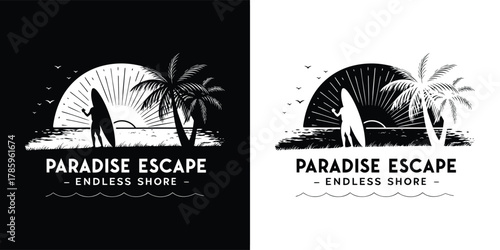 Paradise escape vintage graphic with palm trees, surfboard, and sun, representing a tropical beach vacation