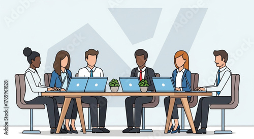 Diverse team of professionals collaborating around a table with laptops. Flat vector illustration showing teamwork and business diversity.