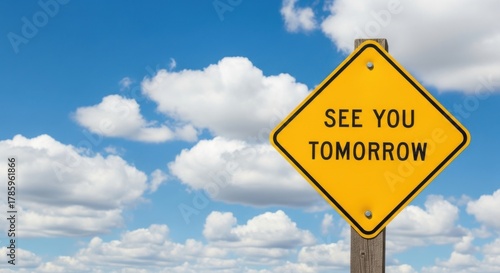 Yellow diamond road sign with see you tomorrow message against a cloudy sky