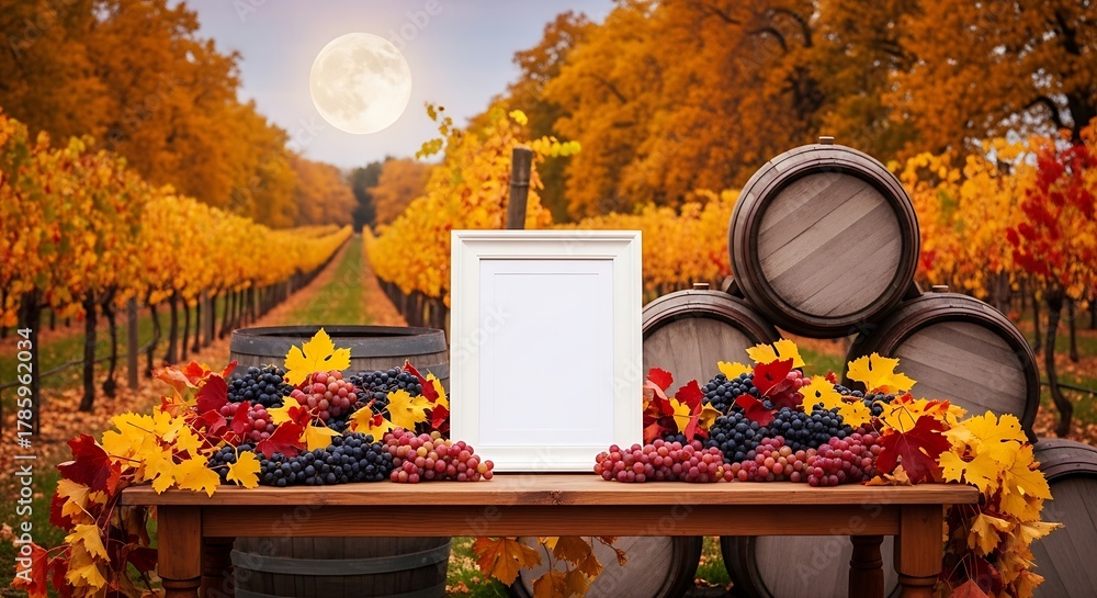 Fototapeta premium Autumn vineyard path with a full moon, showcasing a blank white frame on a rustic wooden table adorned with ripe red and blue grapes, vibrant fall leaves, and stacked wine barrels.