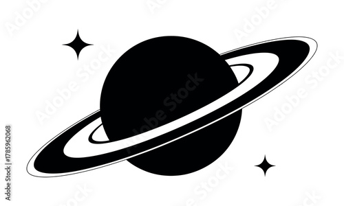 Cosmic Saturn Planet Vector Symbol. Isolated Silhouette with Rings and Stars