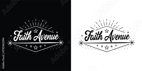 Faith avenue text with stars and rays, black and white design