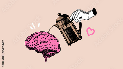 Trendy collage with sketch brain and coffee pour. Coffee shop, cafe, barista, beverage brand, coworking space, bookstore, podcast, mental health concept. Hand drawn engraving vector illustration.