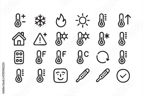 Weather and energy icon collection featuring thermometers and degrees
