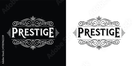 Elegant vintage prestige word art with decorative flourishes, presented in both black and white versions for versatile design applications