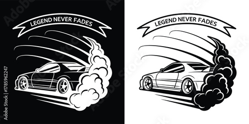 Drifting sports car performing a burnout with smoke, conveying speed and power with the slogan legend never fades, isolated on white background