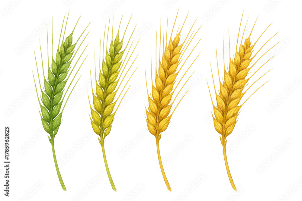 Naklejka premium Wheat ripening stages featuring green, yellow, and golden ears, symbolizing agriculture, harvest, and food production