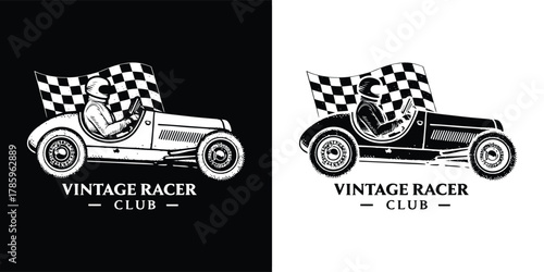Vintage racer club emblem showcasing a classic race car with a checkered flag, symbolizing speed, competition, and automotive passion