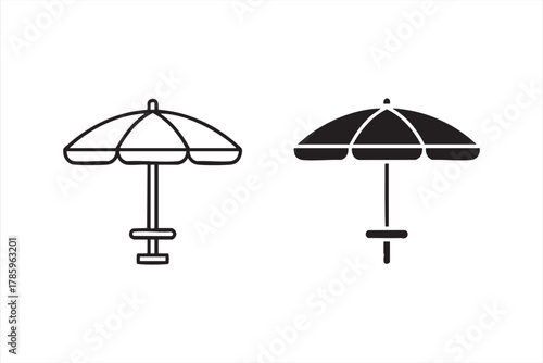 Black and white beach parasol icons representing travel and relaxation