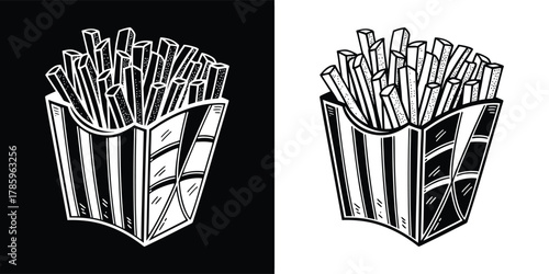 Hand drawn illustration of french fries in a red and white striped carton, isolated on white background