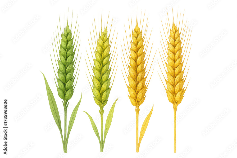 Fototapeta premium Wheat ripening cycle showing four cereal grains transitioning from green immature spikes to golden mature harvest crops