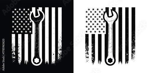 Wrench on american flag with distressed texture on black and white backgrounds, symbol