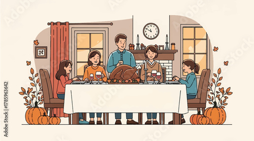 An illustration of a family of five enjoying a Thanksgiving dinner together.
