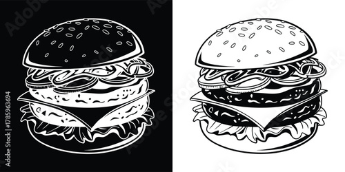 A delicious double cheeseburger with lettuce, tomato, onion, and cheese, presented in both black and white versions for versatile design use