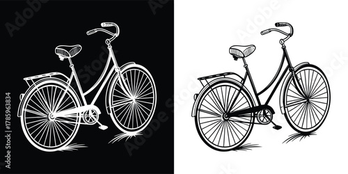 Vintage bicycle illustration in a detailed line art style, showing a classic city bike with fenders and a rack, presented in both black and white versions