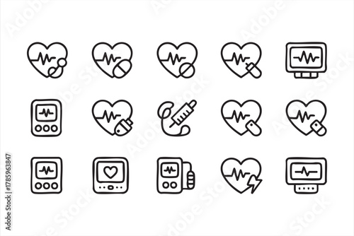 Modern medical and diagnostic icon set for healthcare and cardiology