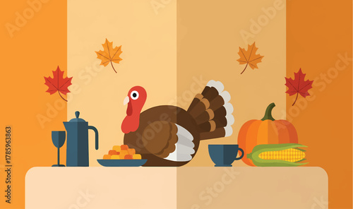 A flat illustration of a Thanksgiving dinner scene with a turkey,  autumn leaves on an orange background.