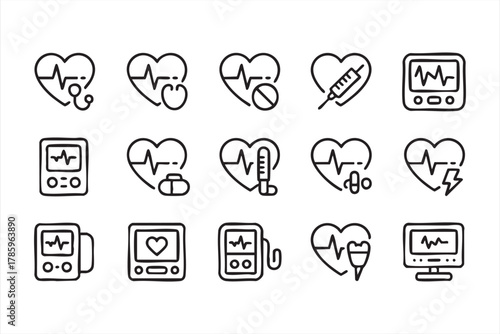 Line art heartbeat and stethoscope illustrations for medical technology