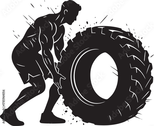 Silhouette of a muscular man flipping tire during workout