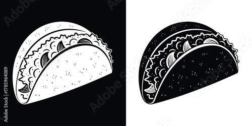 A single taco filled with meat, lettuce, and toppings, presented in both black and white versions, perfect for foodrelated graphic design projects