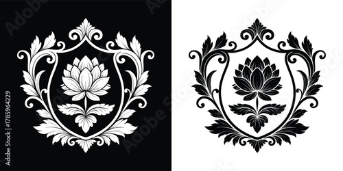 Vintage heraldic crest with a lotus flower emblem, surrounded by ornate leaves, presented in both black and white versions for versatile design applications